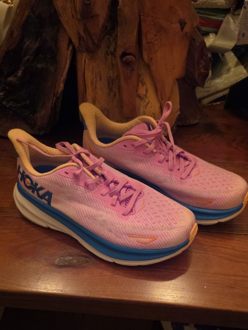 Hoka Clifton 9 Pink and Blue Women's Athletic Running Shoes